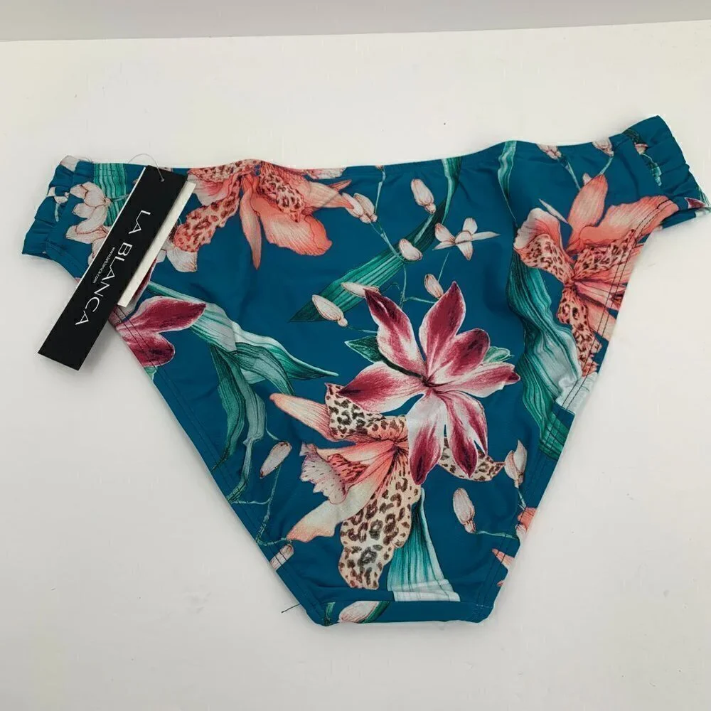 La Blanca Flyaway Orchid Side Ruched Hipster Bikini Bottoms swim blue new 14